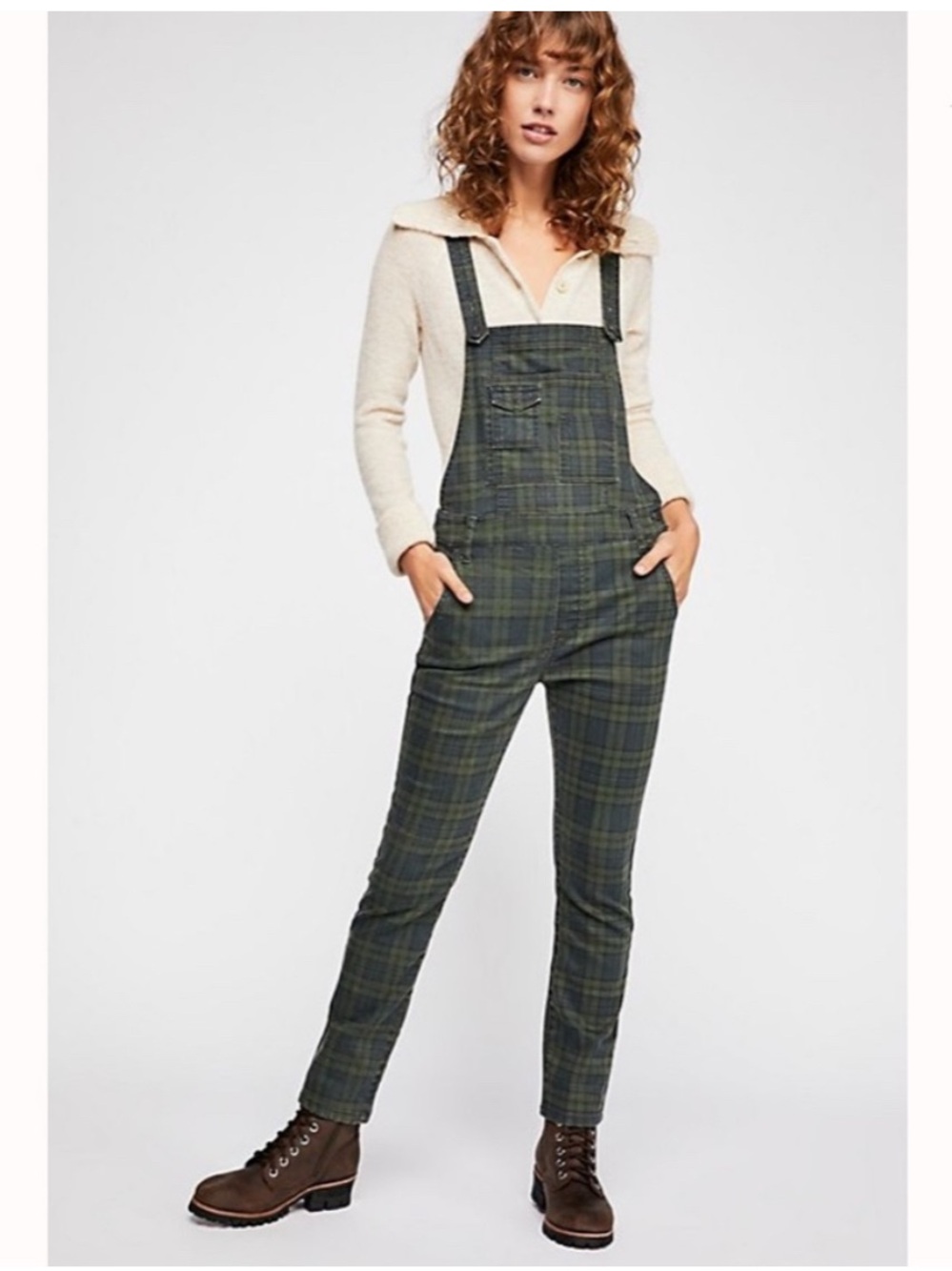 Free People Washed Plaid Denim Overalls